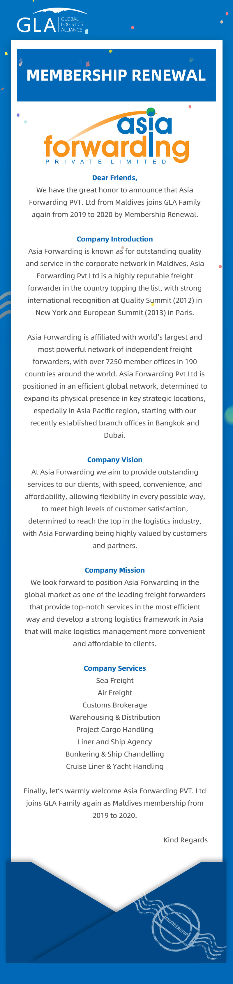 GLA Membership Renewal — Asia Forwarding PVT. Ltd！