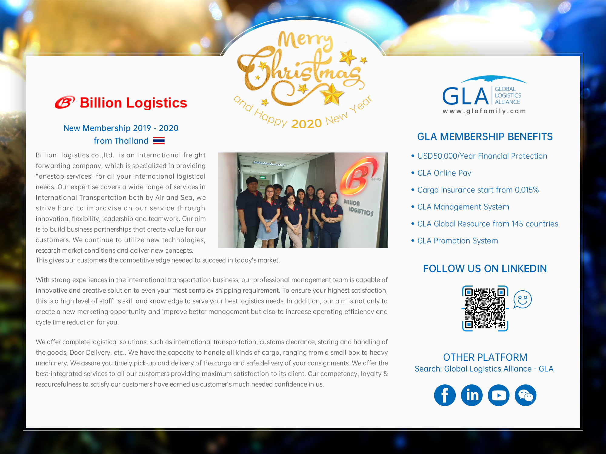 GLA NEW MEMBERSHIP | BILLION LOGISTICS CO. LTD. representing Thailand