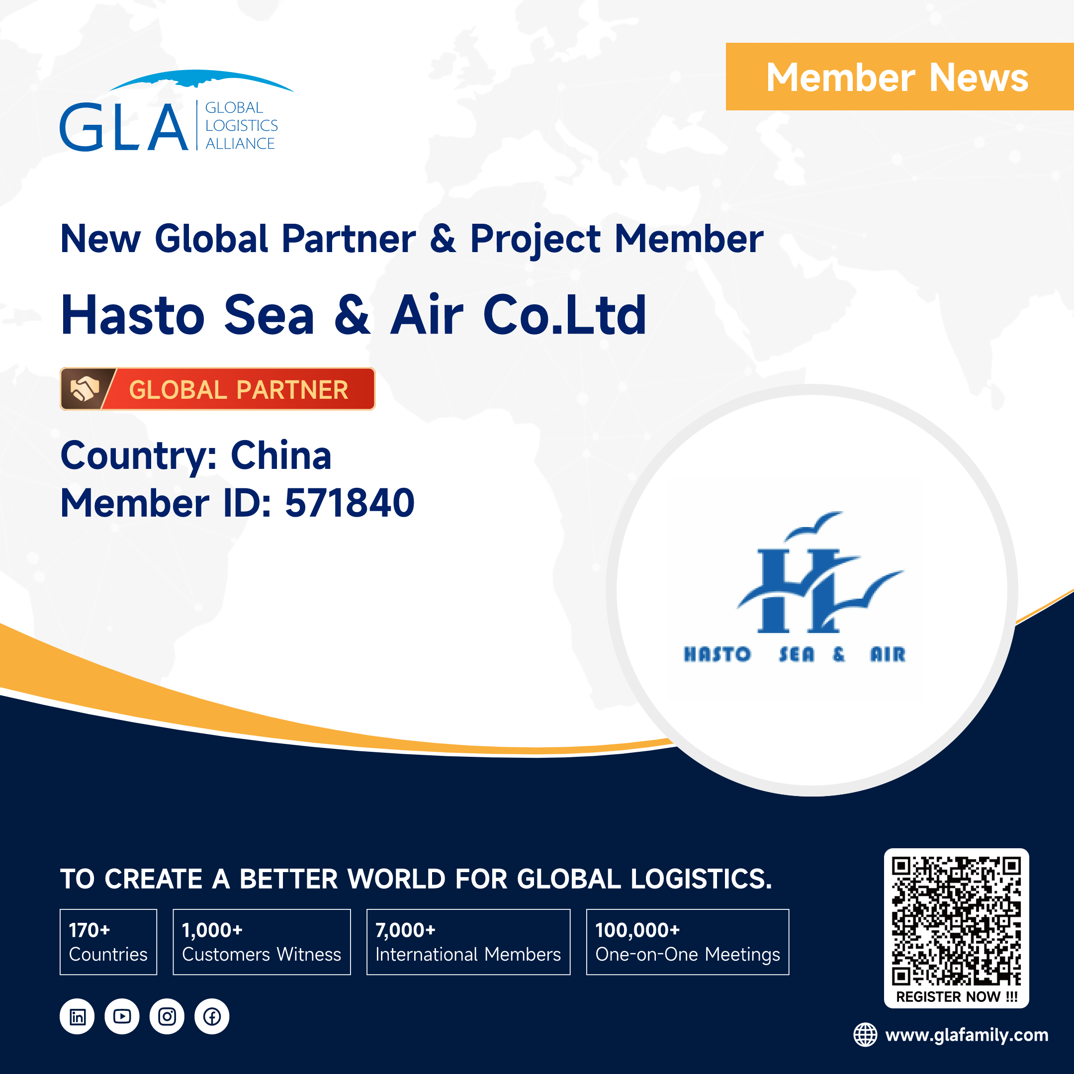 Welcome! New GLA Global Partner & GLA Project Member from China ———— HASTO SEA & AIR CO.LTD