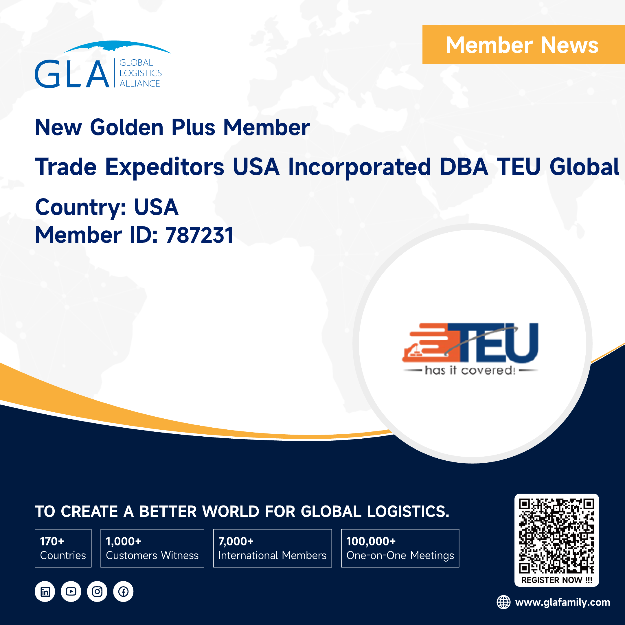 Welcome! New GLA Golden Plus Member from USA ————Trade Expeditors USA Incorporated DBA TEU GLOBAL